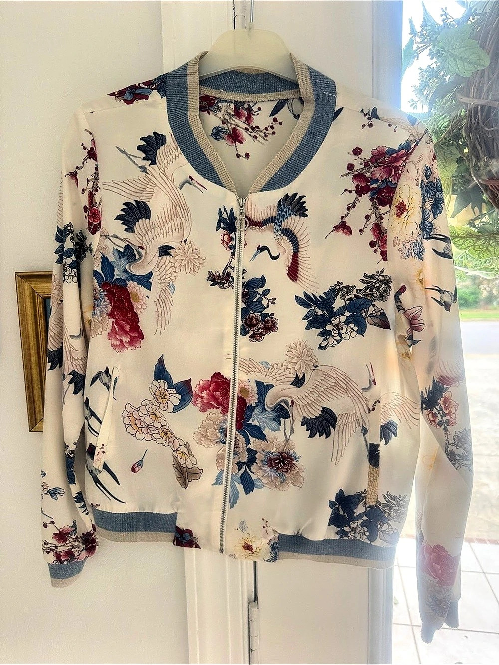 Scarlet Roos Depose Floral Bomber Jacket in Cream & Blue Size Medium